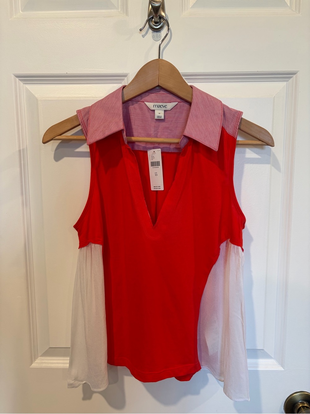Maeve Red Sleeveless V-Neck Top with Pink Collar and White Side Panels